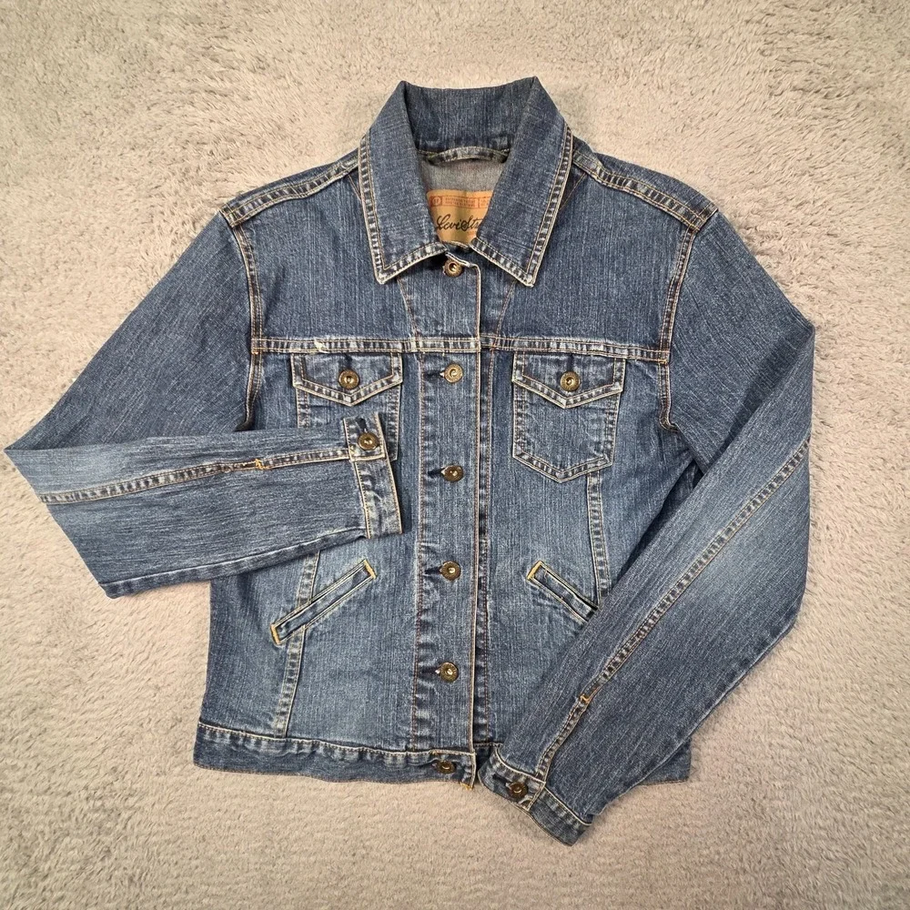 Levis Jean Jacket Womens S Vintage Y2K Blue Denim Moto Grunge 90s Heritage - Picture 1 of 11